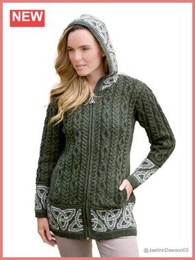 100% Merino Wool Hooded Celtic Zip Coat Warm Winter Sweater